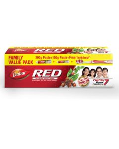 DABUR RED TOOTH PASTE FAMILY VALUE PACK (200GM+100GM+TOOTH BRUSH) MRP 206 (1X24N)